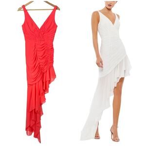 Mac Duggal NWT Neon Coral Pink Asymmetrical Ruffled V-Neck Chiffon Dress Size 2